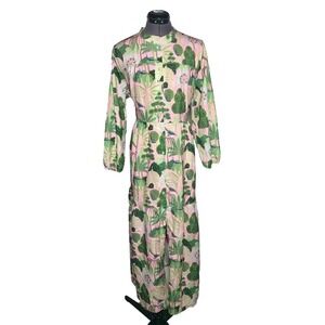 Boho Whimsical Peacock Tropical Maxi Dress Button Front Pink Green B-44 W-42 XL